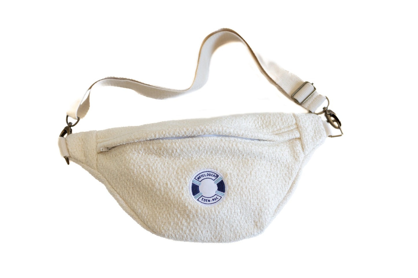 Banane blanche en tissu upcyclé avec logo marine Etofé, fabriquée en France.