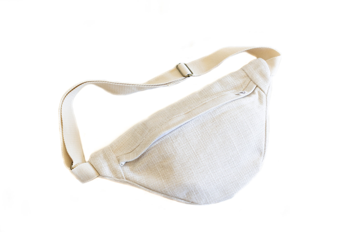 Banane blanche en tissu bouclé vue de profil gauche avec fermeture éclair blanche et sangle ajustable Étofé.