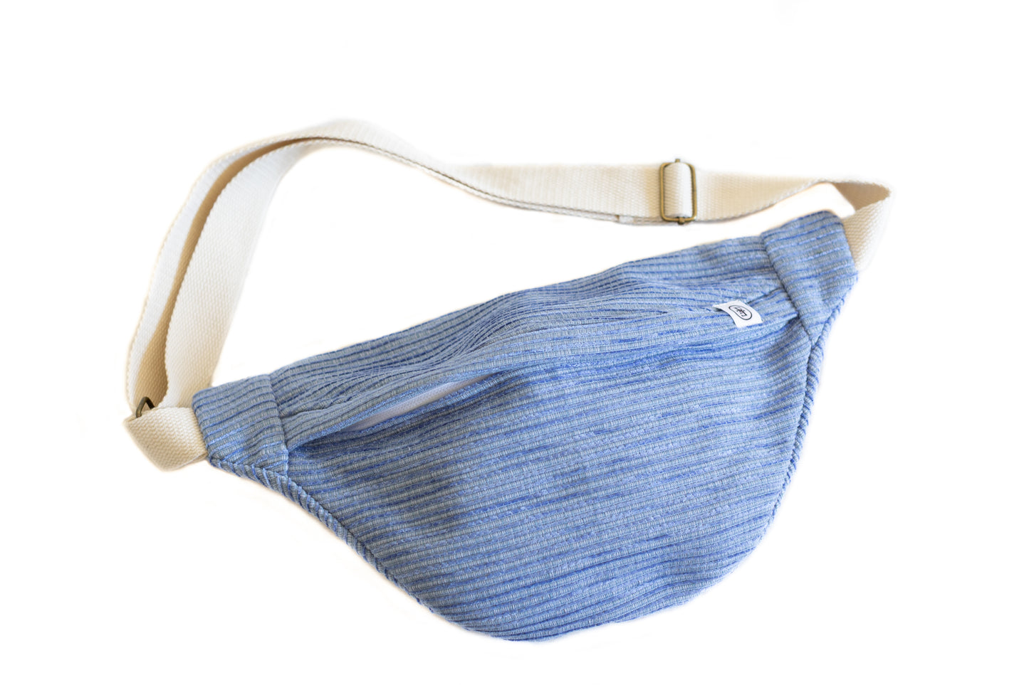 Banane rayée bleue en coton recyclé avec sangle blanche ajustable et fermeture éclair blanche – Étofé