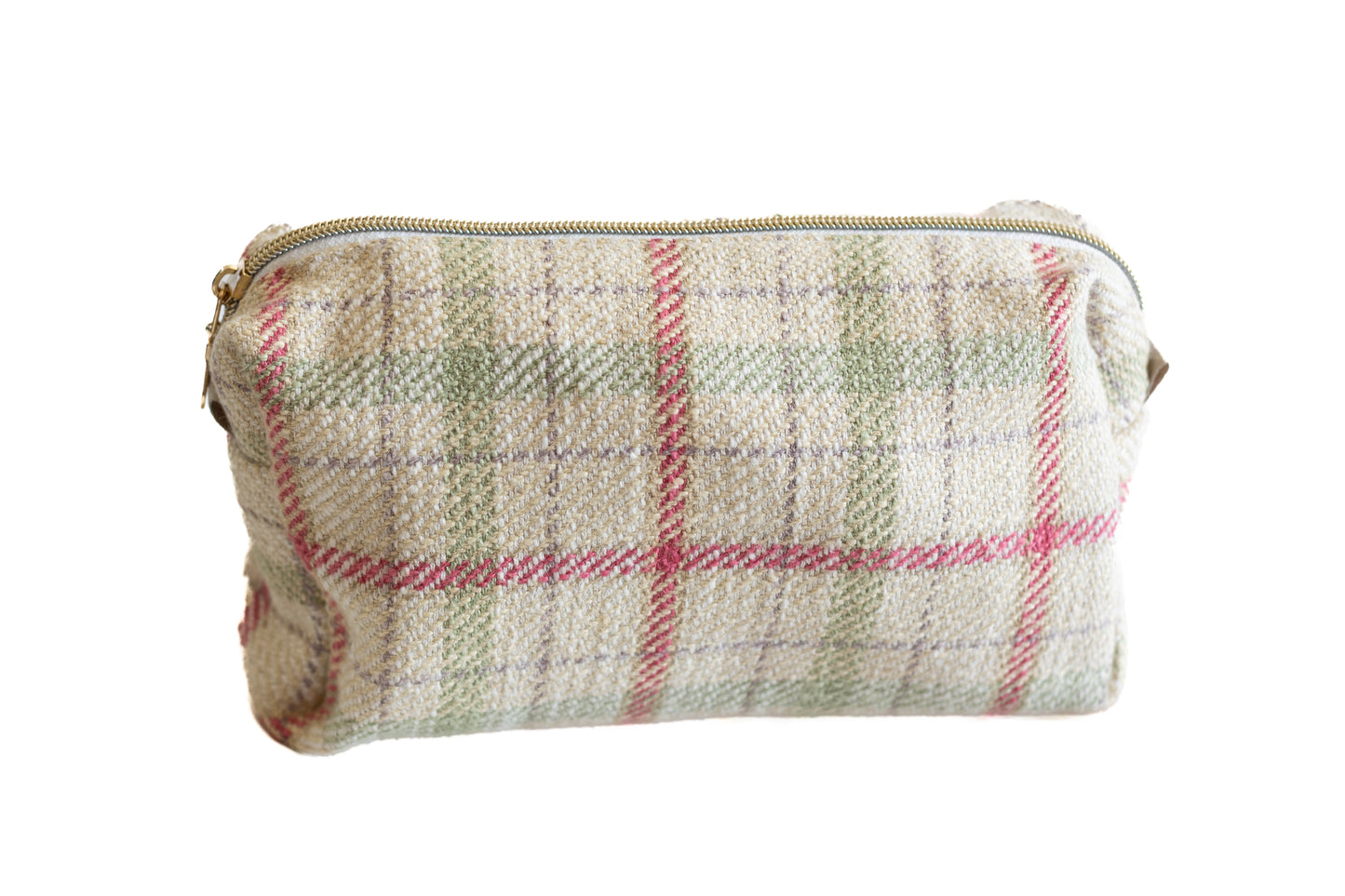 Trousse en tissu upcyclé à carreaux beige, rouge et vert – confection artisanale écoresponsable.